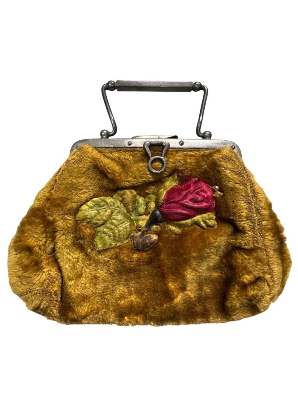 Crushed Velvet Handbag Red Rose Floral Embroidery Blue Satin Interior 5" Vintage